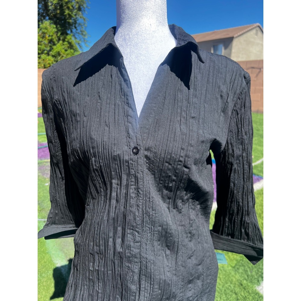 Fred David Black Crinkle Texture Button Down Shirt 3/4 Sleeve Large M2U236